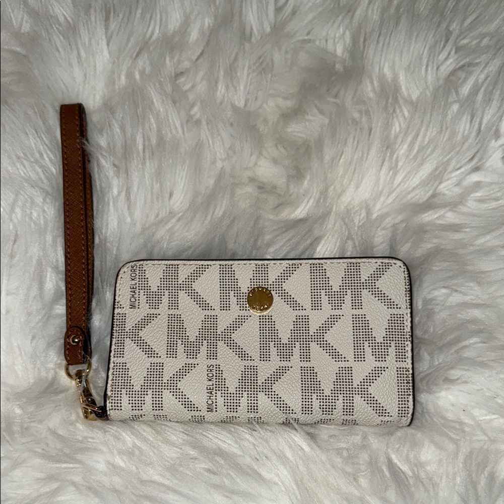 Michael Kors White and Brown Clutch/Wristlet Wallet with Signature Monogram